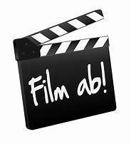 Hier ist zu sehen das Symbol einer schwarzen Filmklappe mit weißer Schrift 